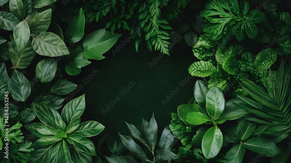 Aufkleber vibrant green leaves in various shapes forming a decorative frame on dark surface : generative ai
