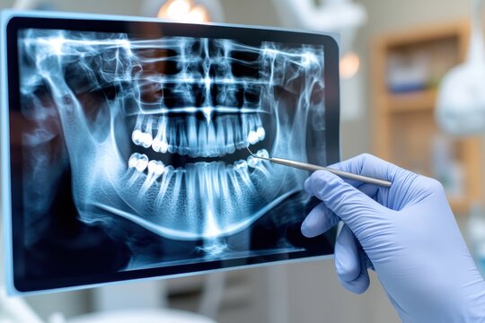 A dentist examines a dental X-ray on a tablet, highlighting the importance of technology in dental health assessments and patient care in a clinical environment.