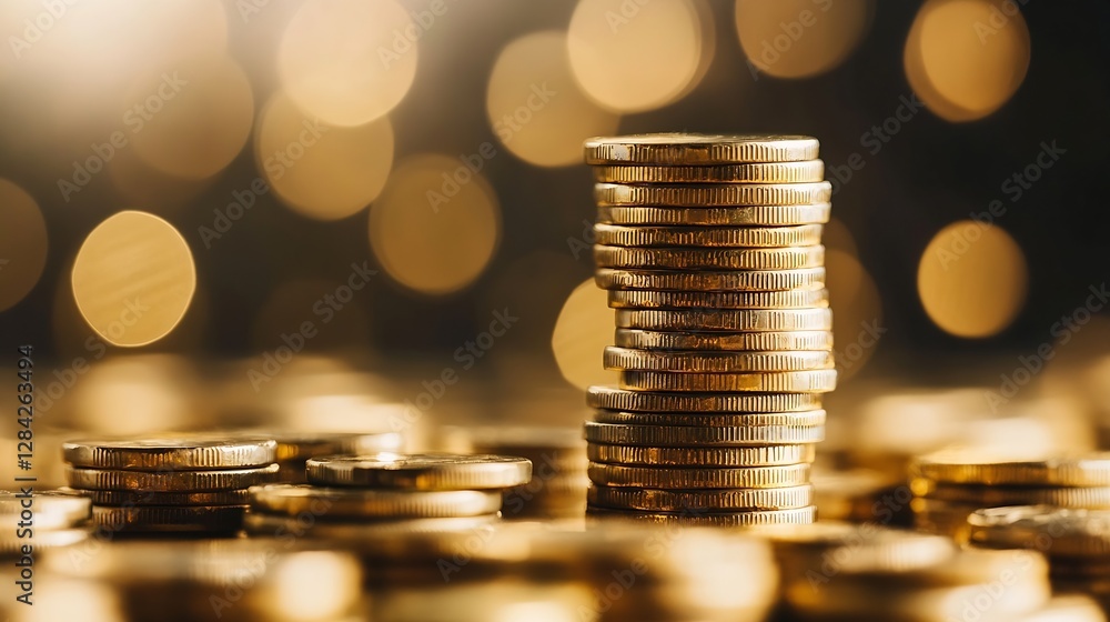 Fototapete close up of shining gold coins stacked with a bokeh background creating a luxurious financial atmosp