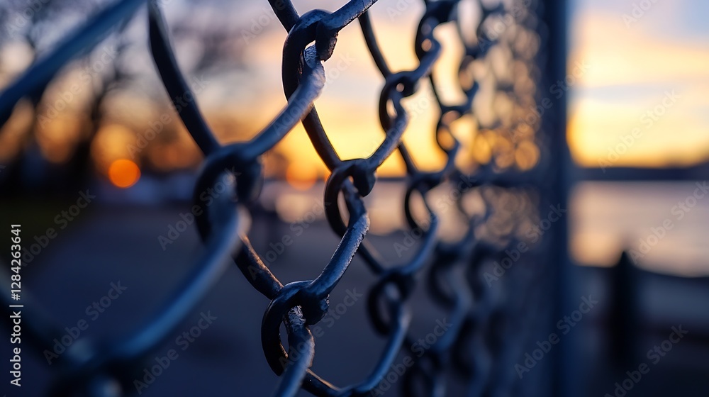 Fototapete Close up view of a chain link fence during sunset with vibrant colors and soft bokeh effects : Generative AI