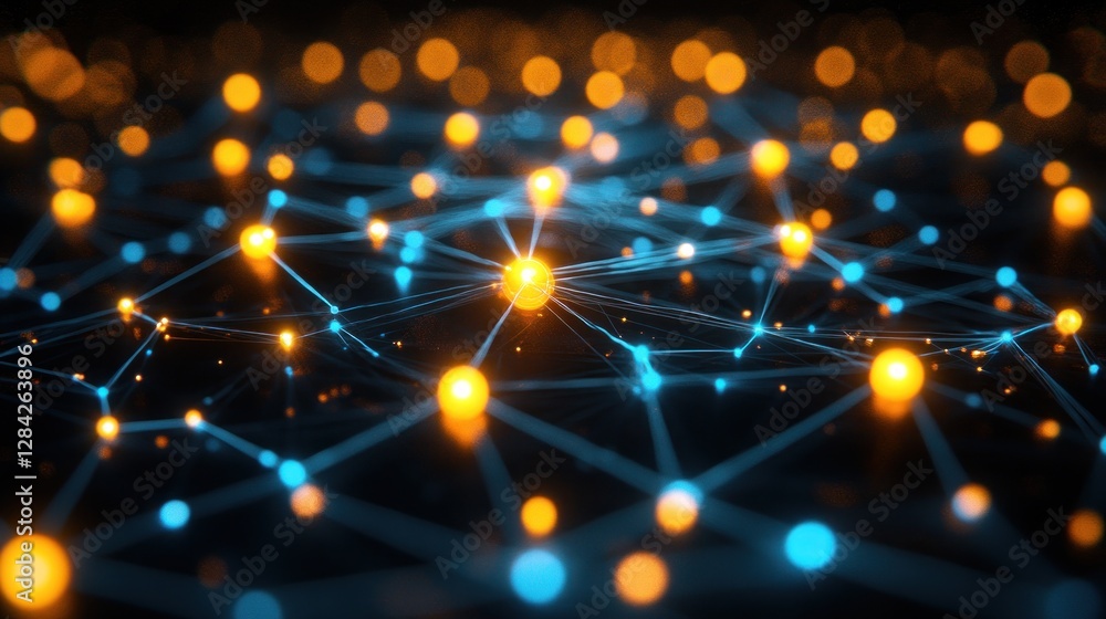 Poster abstract network connections, glowing points, dark background, data flow visualization