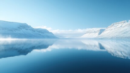 Serene winter landscape with snow-capped mountains reflected in a calm lake under a clear blue sky.