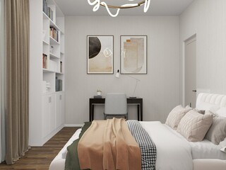 A stylish bedroom with a cozy bed, built-in bookshelves, and a modern desk. Neutral tones, soft lighting, and abstract wall art create a warm, elegant, and functional space