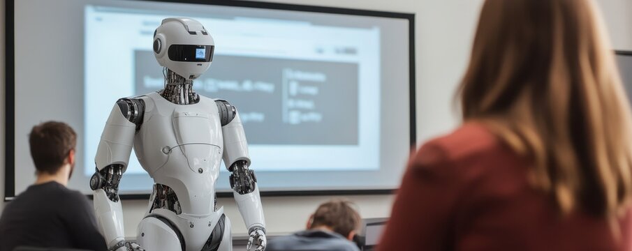 Robot teacher in classroom engaging with students in educational setting