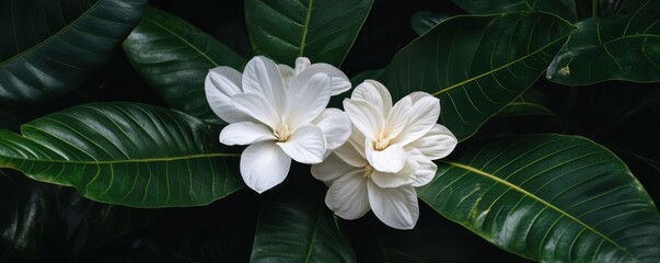 White gardenias blooming among glossy green leaves in lush garden setting