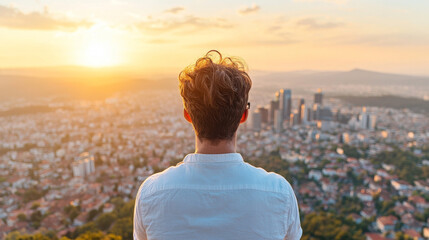 Fototapeta premium man gazes at stunning sunset over city skyline, reflecting on life. warm colors of sky create serene atmosphere, enhancing beauty of urban landscape