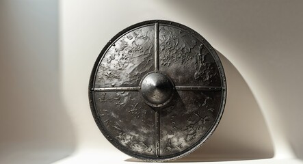 Medieval Metal Shield with Textured Surface and Dramatic Lighting.