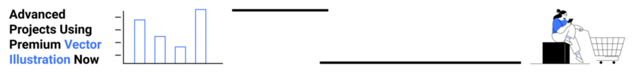 Data chart bars and a person interacting with a shopping cart and computer screen. Ideal for e-commerce strategy, data analysis, marketing, online shopping, customer journey, sales trends, flat