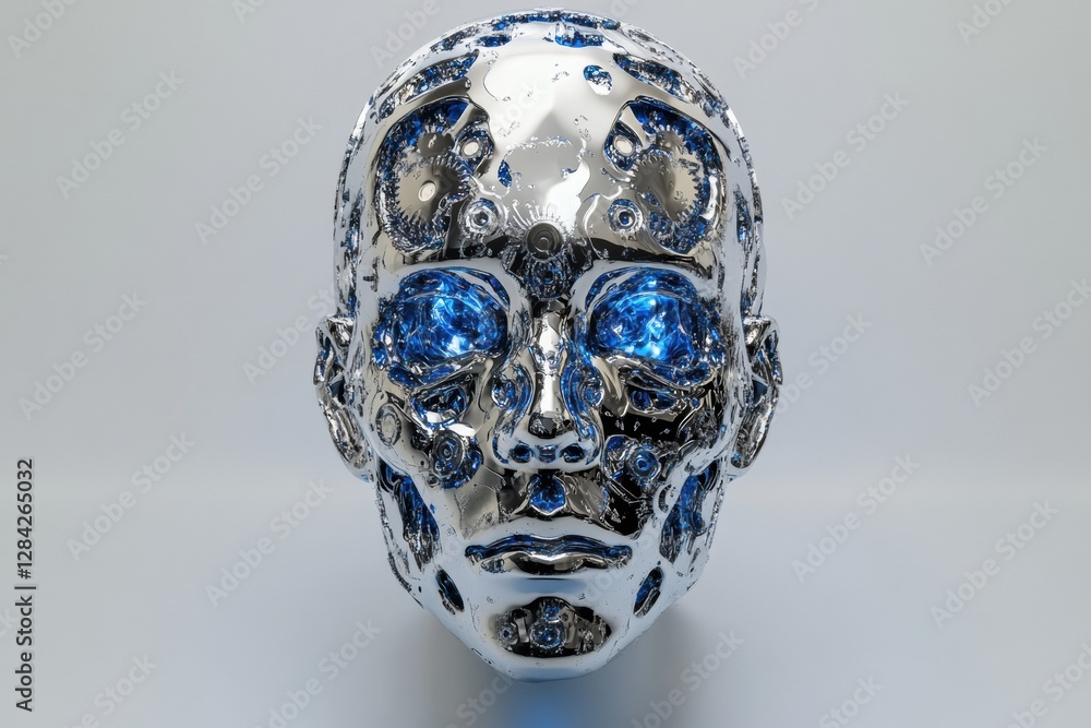 Poster human head contour filled with interlocking gears and cogs symbolizes advanced artificial intelligen