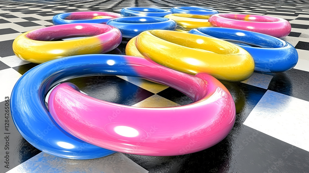 Poster dynamic colorful rings arrangement 3d render graphic design abstract environment aerial view visual 
