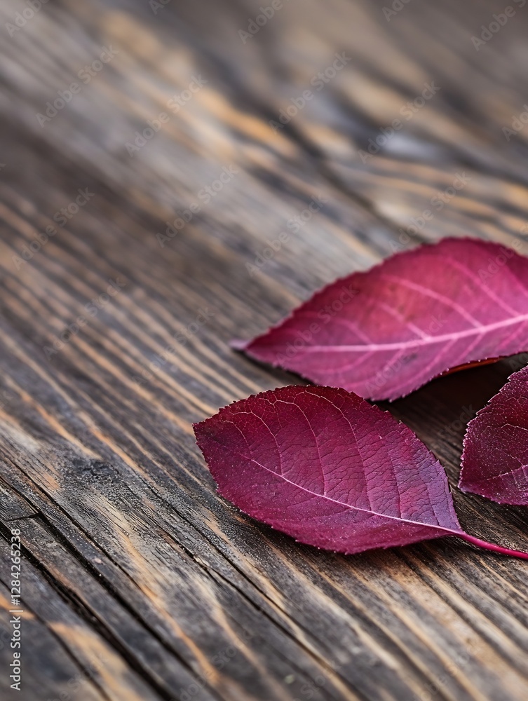 Aufkleber vibrant red leaves scattered on rustic wooden surface creating a cozy vibe : generative ai