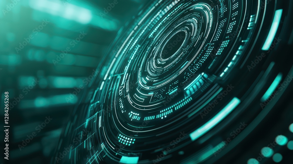 Poster futuristic digital interface with complex data visuals and patterns