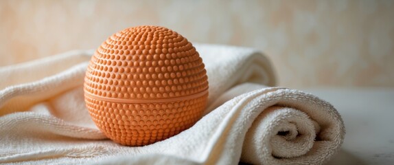 Orange Textured Therapy Ball on White Towel Spa Relaxation Wellness Concept
