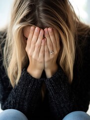 Fototapeta premium Emotional portrait of a woman covering her face with hands expressing deep sadness and emotional struggle : Generative AI