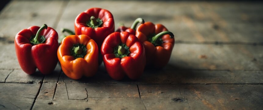 Row of fresh red peppers on a rustic wooden table for food promotion and culinary use.
