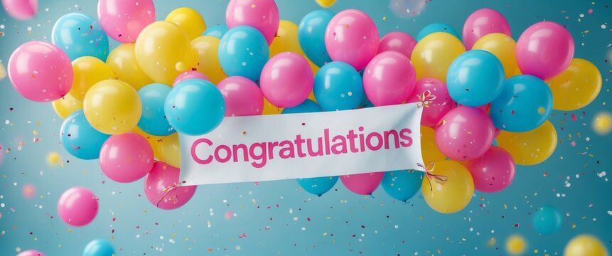 Congratulations banner with colorful balloons and confetti on turquoise background.