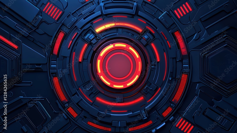 Poster futuristic machine with glowing digital interface and patterns