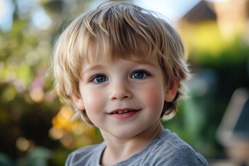Young boy with blonde hair smiling in a garden during daytime surrounded by colorful flowers. Generative AI