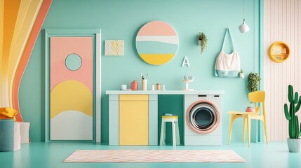 Bright Colorful Laundry Room With Soft Pastels And Playful Design
