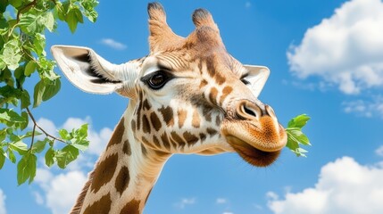 Obraz premium Giraffe Extending Neck to Reach Leaves on a Sunny Day