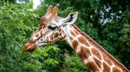 Obraz premium Giraffe Extending Its Neck to Reach Leaves in Lush Greenery