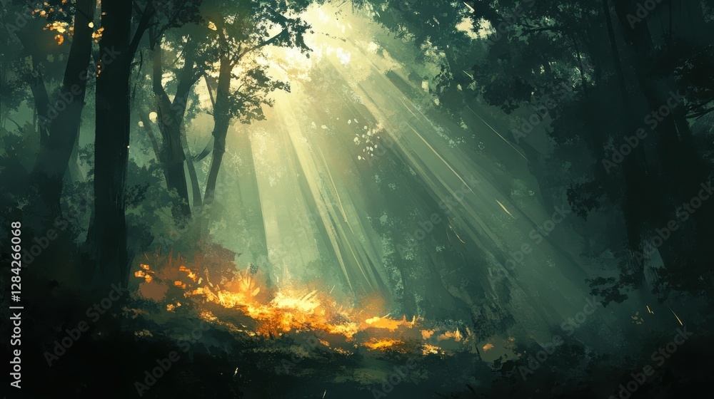 Poster Sunlight filtering through forest trees illuminating forest floor