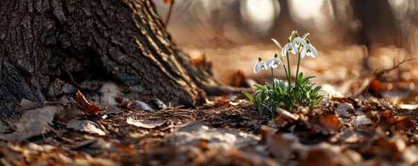 Obraz premium Snowdrops blooming near tree trunk in early spring forest