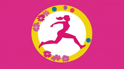 A Pink Silhouette of a Running Woman Inside a Yellow Circle with Flowers and Balloons Around on a Magenta Background, Presenting a Colorful and Lively Design.
