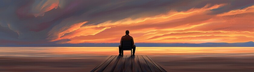 Obraz premium Man watches sunset from dock