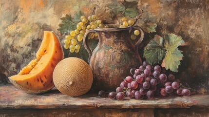 Rustic still life with melon, grapes, and antique vase on textured surface