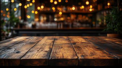 Wooden tabletop with a blurred background of a bar interior at night.