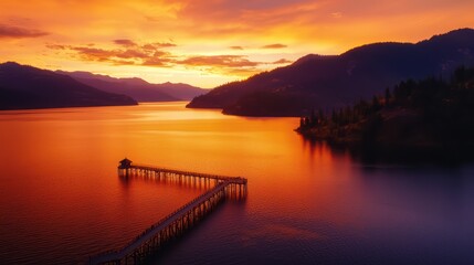 Obraz premium Golden Sunset Casting Warm Light Over Serene Lake and Mountains