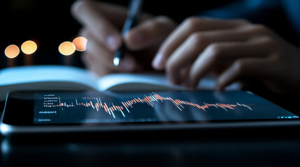 Person analyzing data on tablet while taking notes in notebook, showcasing modern workspace with focus on technology and productivity