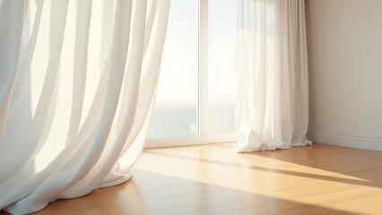 Blowing sheer curtains, Gentle breeze catches white sheer curtains in a sunlit minimalist bedroom with soft shadows and wooden floors. Hyper-rea