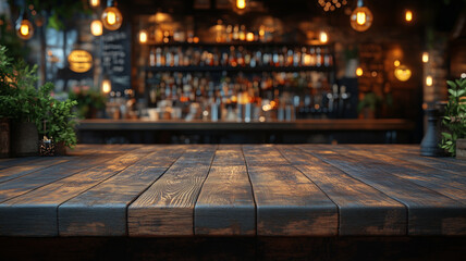 Wooden tabletop with a blurred background of a bar interior at night.
