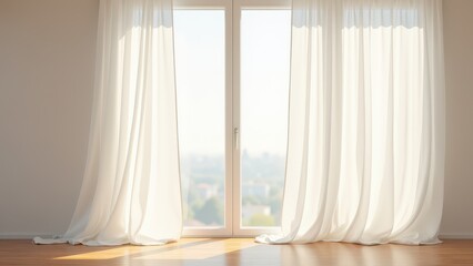 Blowing sheer curtains, Gentle breeze catches white sheer curtains in a sunlit minimalist bedroom with soft shadows and wooden floors. Hyper-rea