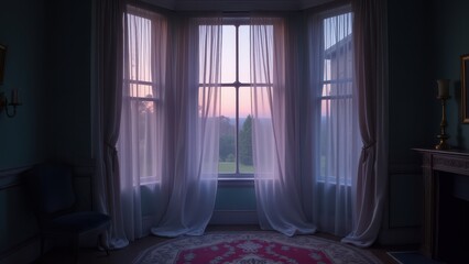 Fototapeta premium Blowing sheer curtains, Sheer curtains blown upward by wind in Victorian parlor dim twilight lighting mysterious ambiance 8K UHD.