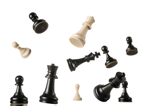Falling chess pieces on the board isolated on transparent background.png