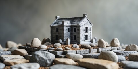 Grey Stone Miniature Building with Grid and Rocks