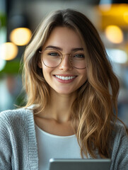 Obraz premium Young woman smiling at a cafe table with glasses