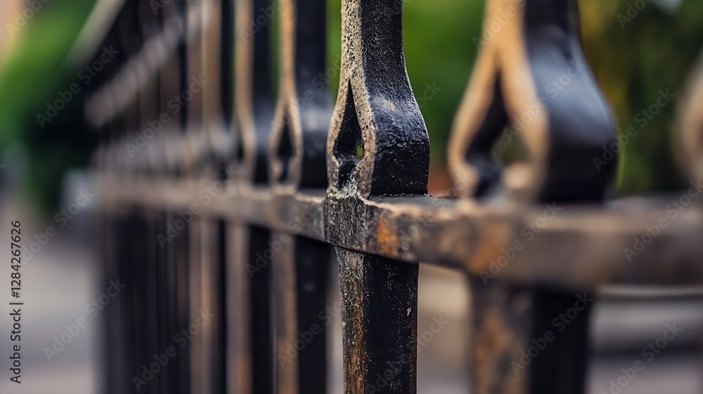 Poster close up of a weathered wrought iron fence showcasing intricate design and texture : generative ai