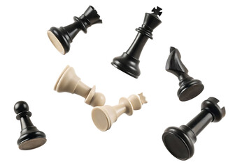 Falling chess pieces on the board isolated on transparent background.png