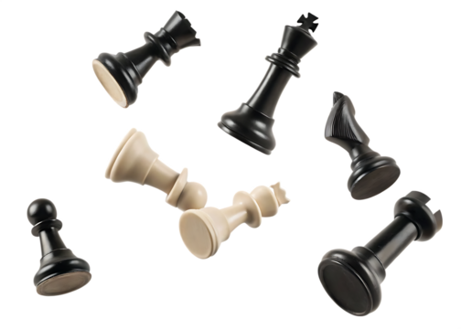 Falling chess pieces on the board isolated on transparent background.png