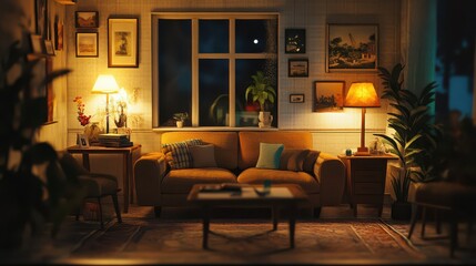 Cozy evening living room with warm lighting and stylish decor