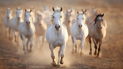 A stunning herd of white horses galloping across a sunlit field creating a beautiful dust trail : Generative AI © Generative AI