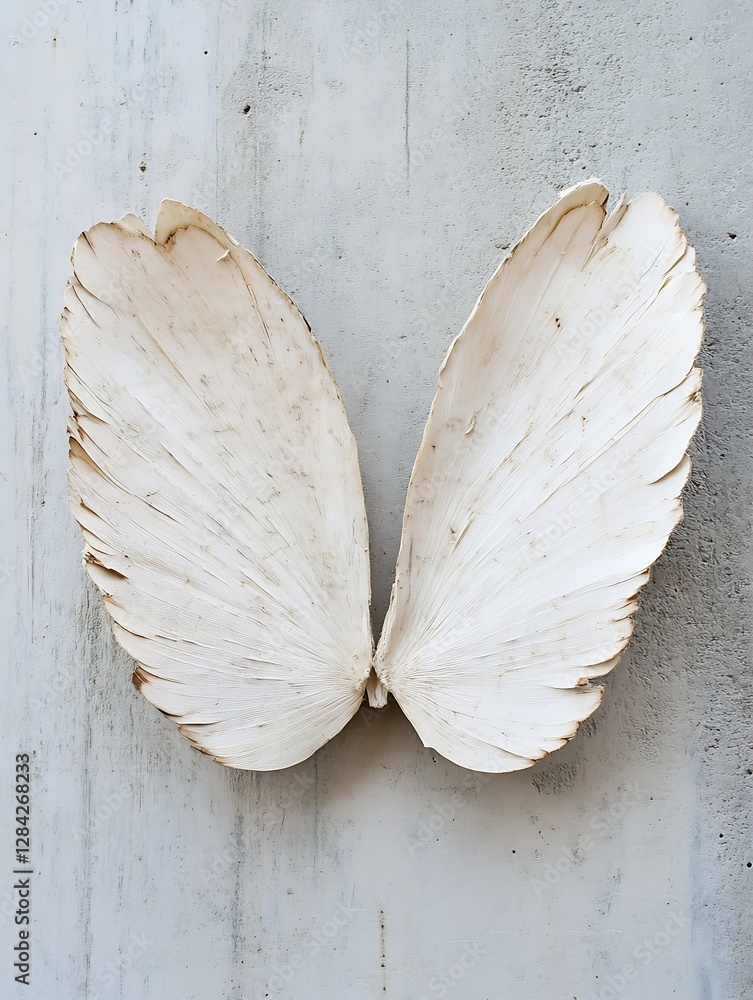 Aufkleber Artistic display of large white shell resembling butterfly wings against a textured concrete background : Generative AI