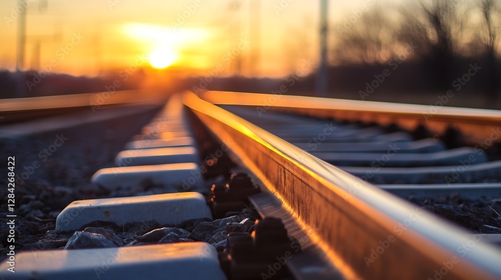 Poster sunset reflected on train tracks leading towards the horizon : generative ai