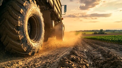 A large truck with a dirty tire is driving down a dirt road