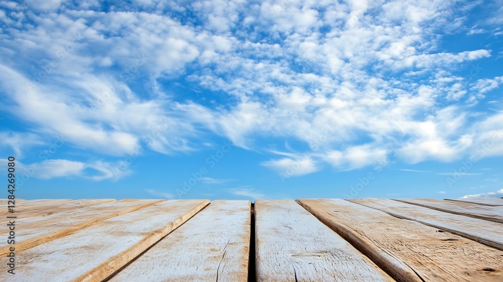 Aufkleber vast open space with wooden planks under a bright blue sky adorned with fluffy clouds : generative a