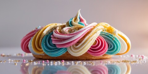 Pastry with multicolored cream stripes and edible glitter sprinkles on shine background.